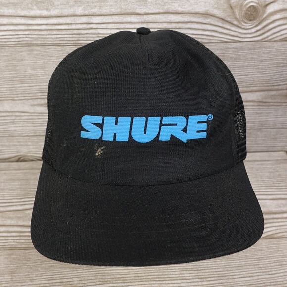 Vintage Shure Hat Cap Snap Back Black Mesh Trucker Promo Sound Audio Mens 80s - Picture 1 of 9